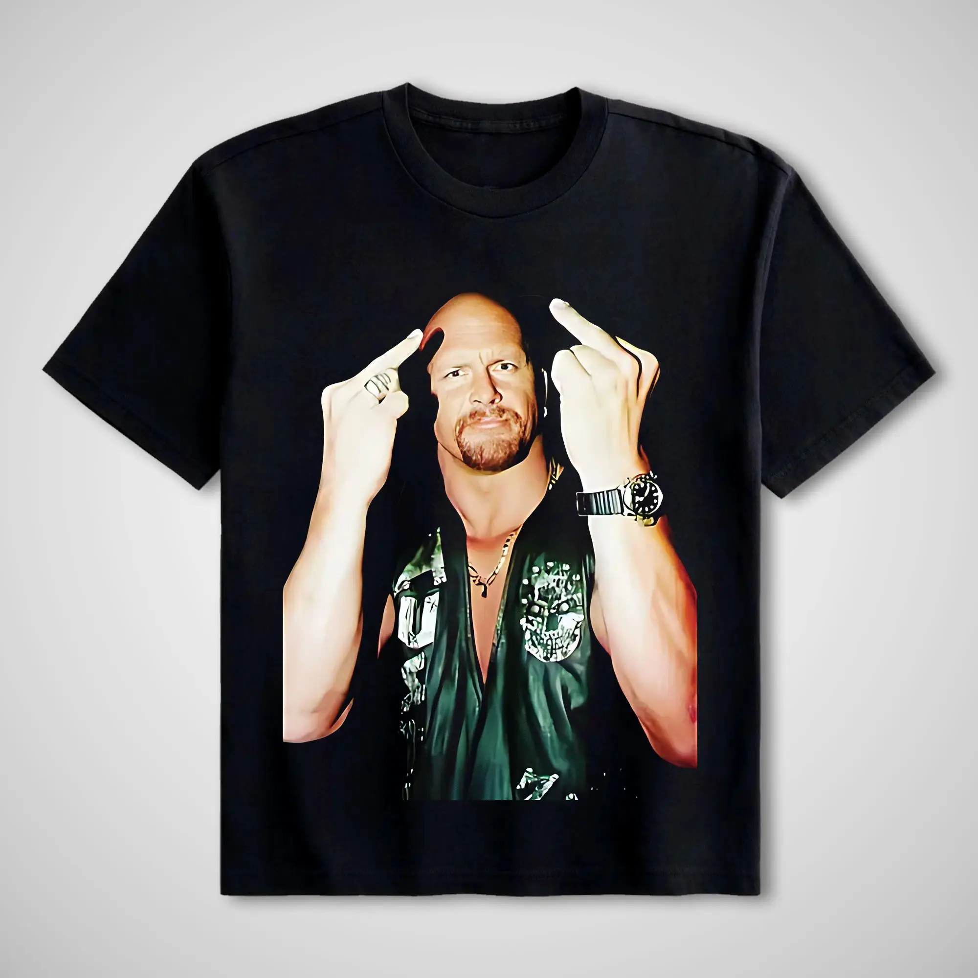 Stone Cold 2 Fingers Graphic Crew Neck Tee, Unisex 100% Ultra Cotton Relaxed Fit Short Sleeve Casual Streetwear Tops, Perfect Gift For WWE Wrestling Fans | graphic tees | tiktok shop deals