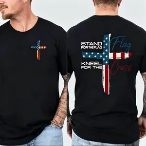 Patriotic Christian Faith T-Shirt – The flag represents national stance, the cross represents kneeling and worship, religious theme T-shirt| American Pride Cross Pattern Men's T-Shirt| Conservative Christian Cotton Clothing