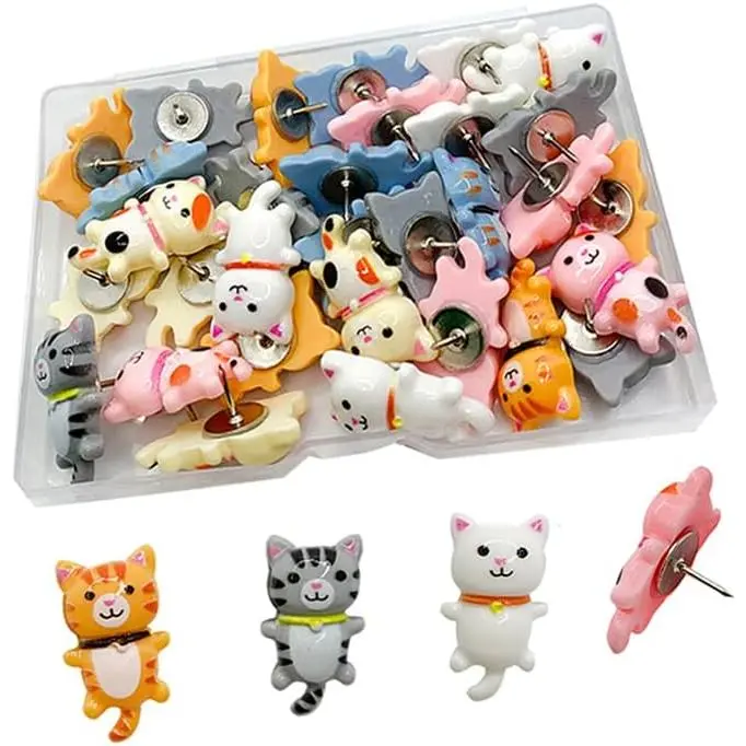 25x13mm Metal Cute Cartoon Adorable Push Pins, 30-Count Multi-Use Decorative Thumbtacks for Photo Memo Note Drawing, Office Stationery Supplies for Personal Organization