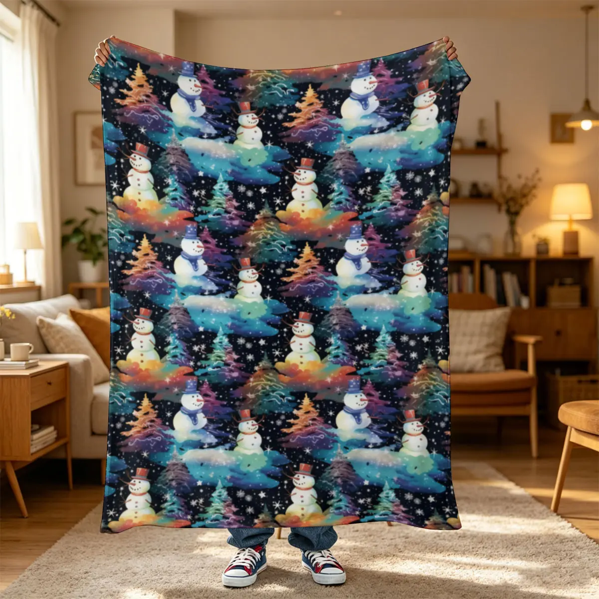 One PC Short Plush Flannel Blanket,Christmas Snowman Pattern,Cozy flannel blanket, washable durable, keeps shape. Naps at home office dorm, bedroom decor, holiday multi-purpose blanket