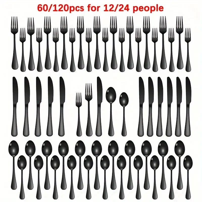 60/120pcs Stainless Steel Tableware Set, Silver Color, Includes Knife, Fork, Spoon, Dishwasher Safe, for Restaurants, Weddings