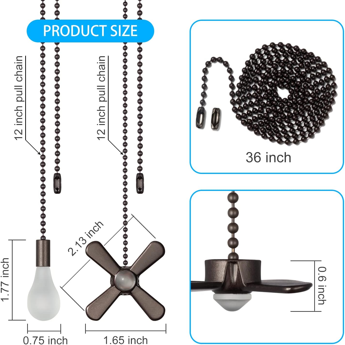Ceiling Fan Pull Chain , Including 4 count Beaded Ball Fan Pull Chain Pendant, Extra 8 count Pull Loop Connectors, 2 count 36 inches Fan Pull Chain Extension. (Oil Rubbed Bronze)