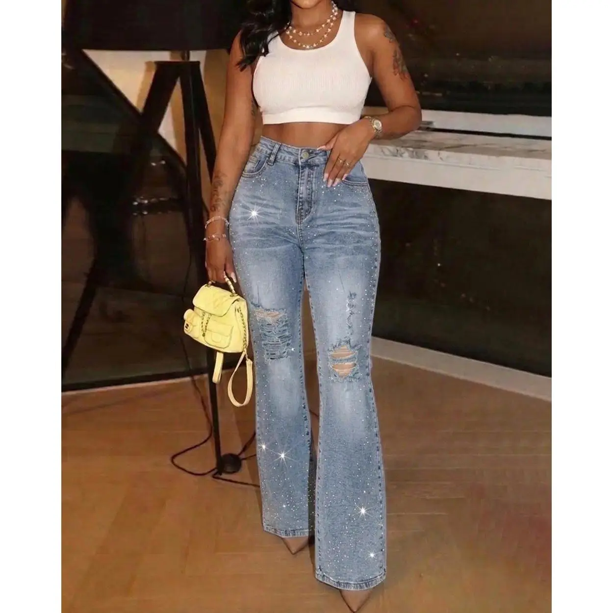 Women's Rhinestone Flare Jeans High Waisted Distressed Ripped Jeans Y2K Retro Streetwear Denim Pants