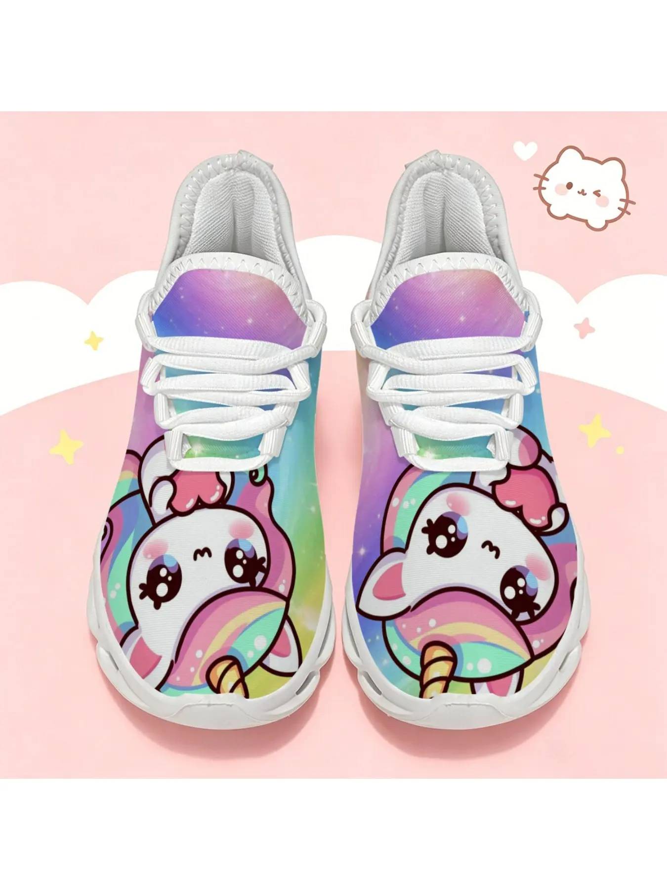 Kids Rainbow Unicorn Print Mesh Sneakers, Cute Magical Horse Pattern Platform Trainers for Little Girls, Lightweight Breathable Non Slip Lace Up Children Casual Running Shoes, Pastel Gradient Graphic Footwear for Daily Playground School Outdoor