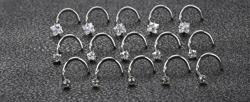 MILACOLATO Hypoallergenic Nose Rings 15count 18G 20G Surgical Stainless Steel Nose Rings Studs L Shaped Screw Studs Rings Cubic Zirconia Nose Ring Labret Lip Nose Piercing Jewelry for Women Men