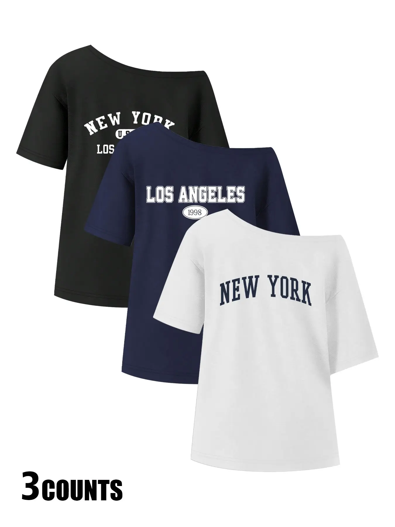 Women's Casual Commuter Loose Fitting off Shoulder T-Shirt Pack of 3, Breathable Soft Fabric with Nyc La Print, Trendy Summer Tops for Leisure Outings