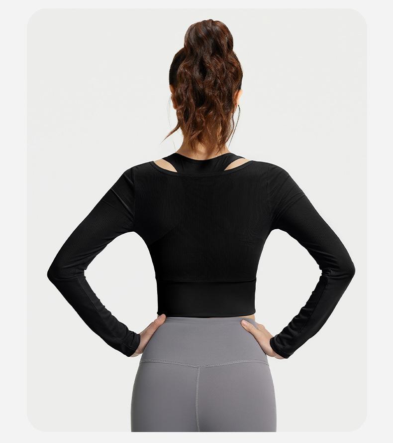 Women's Yoga Outfit for Spring and Autumn, Two-piece with Chest Pads, Long Sleeve Mesh Sheer Sports Top for Pilates Training and Fitness