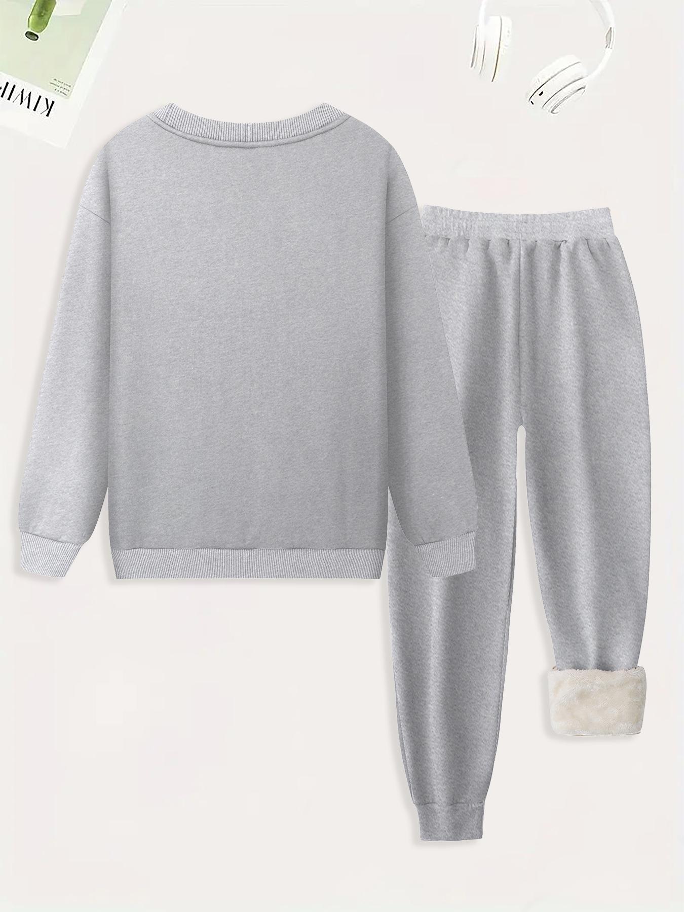 Women's Plain Soft Plush Lined Sweatshirt & Drawstring Waist Sweatpants Two-piece Set, Basic Casual Fitted Round Neck Long Sleeve Pullover & Pocket Jogger Pants, Women's Two-piece Outfits for Winter Womenswear