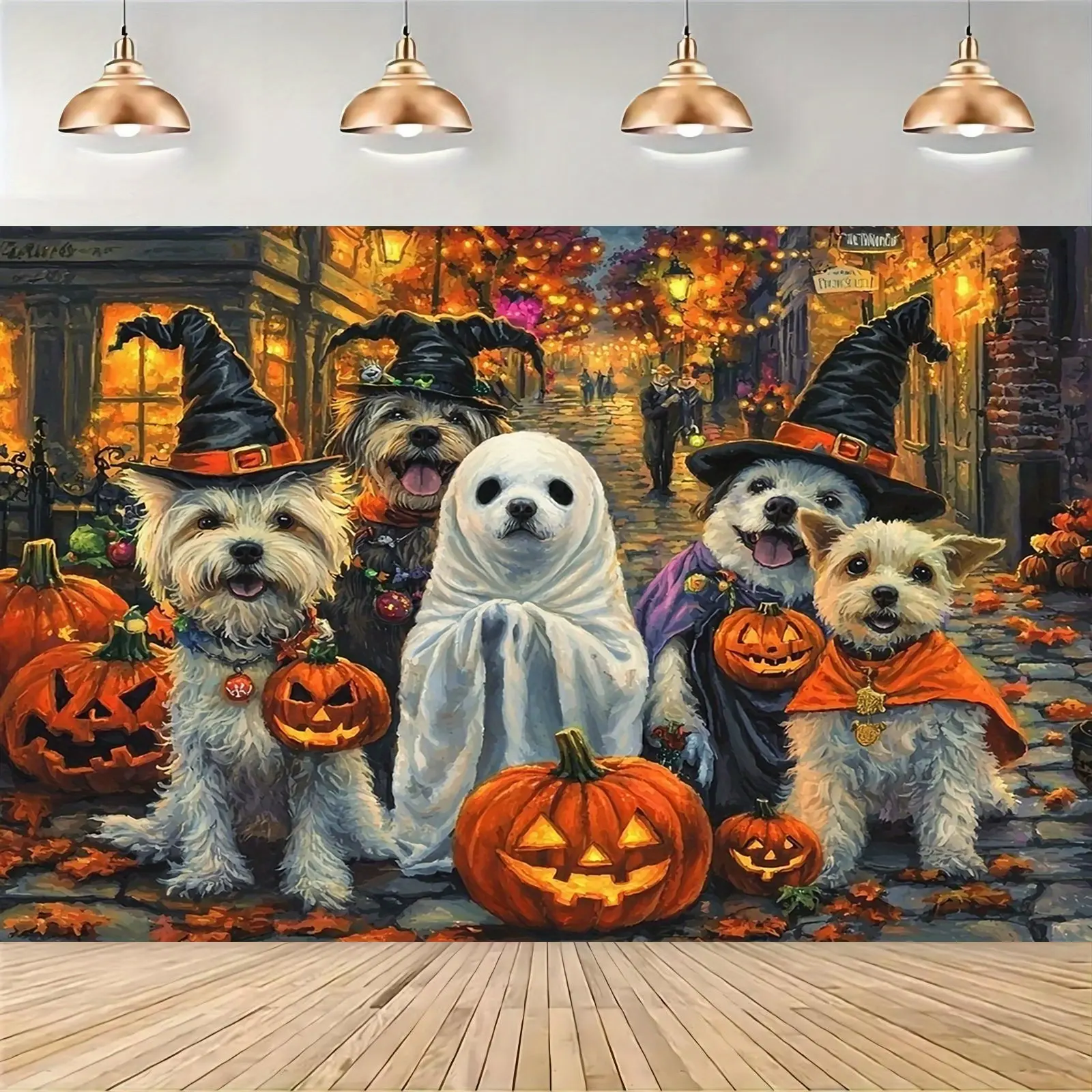 Halloween Theme Polyester Print Backdrop Banner - Lightweight Pumpkin Street Scene Tapestry, Spooky Dog Costume-Inspired Home Decor for Party Photography, Baby Shower, Anniversary Indoor-Outdoor Display