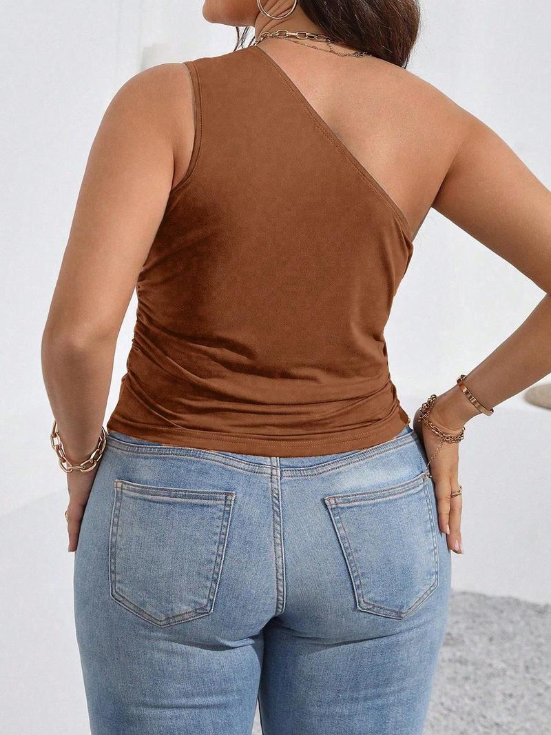 【Plus Size】 Solid Ruched One Shoulder Tank Top, Casual Asymmetrical Hem Sleeveless Top for Daily Wear, Women Plus Clothing for All Seasons, Asymmetrical Hem Cami