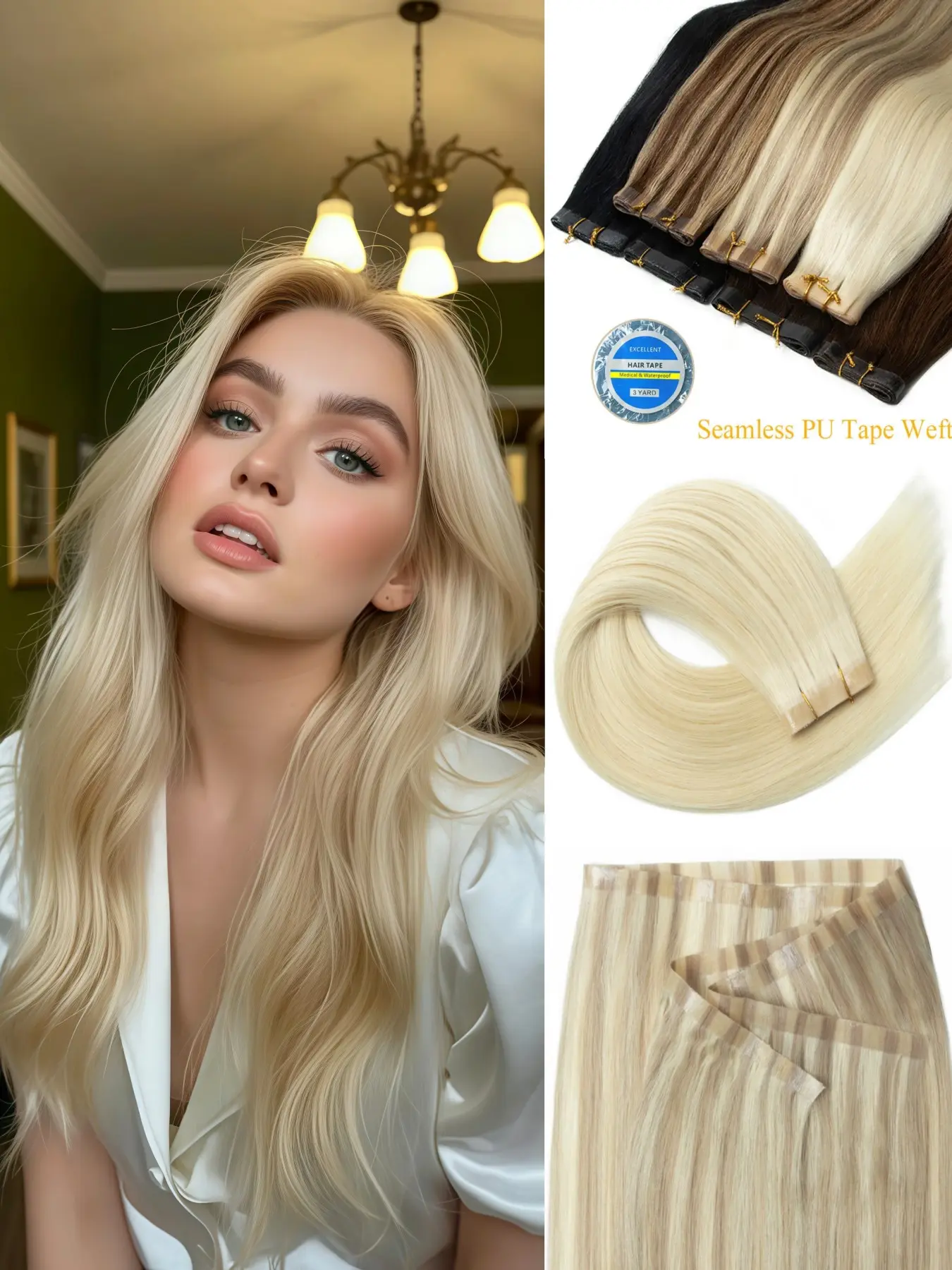 PU Weft Tape in Human Hair Extensions, Silky Soft, Resistant to Shedding & Tangling, Adds Volume, Great for Daily Styling, Parties, Hairpieces