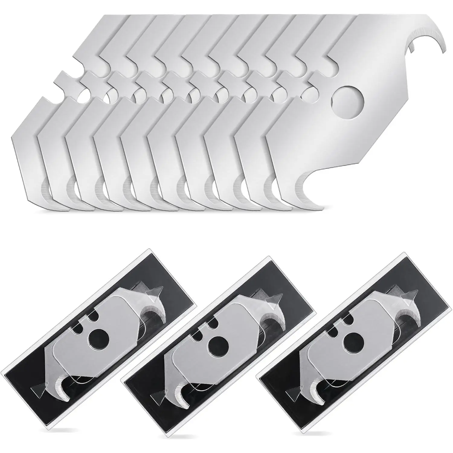 30-piece set of multifunctional cutter hook blades, SK5 hook razor replacement blades, equipped with 3 safety dispensers, suitable for heavy-duty cutting standard multifunctional cutter blades