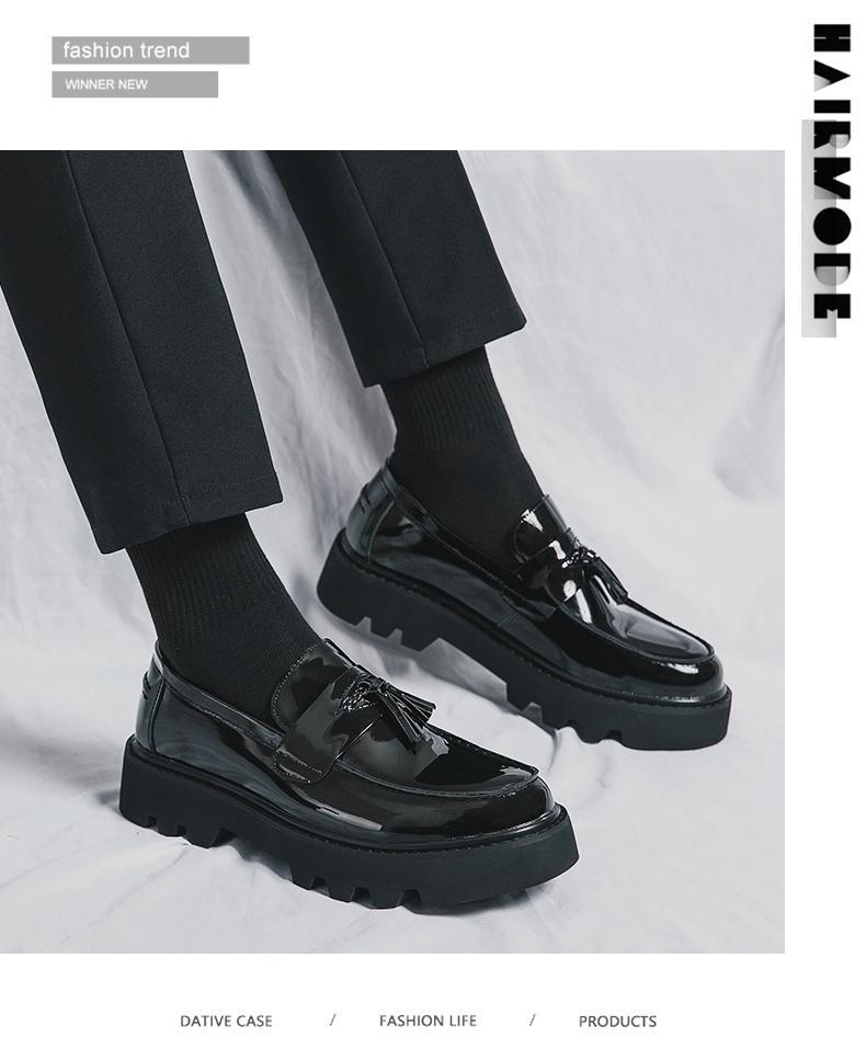 British Style Men's Fashion Loafers Patent Leather Tassel Loafers Black Thick-Soled Slip-on Formal Shoes Simple Casual Plus Size Dress Shoes for All Seasons