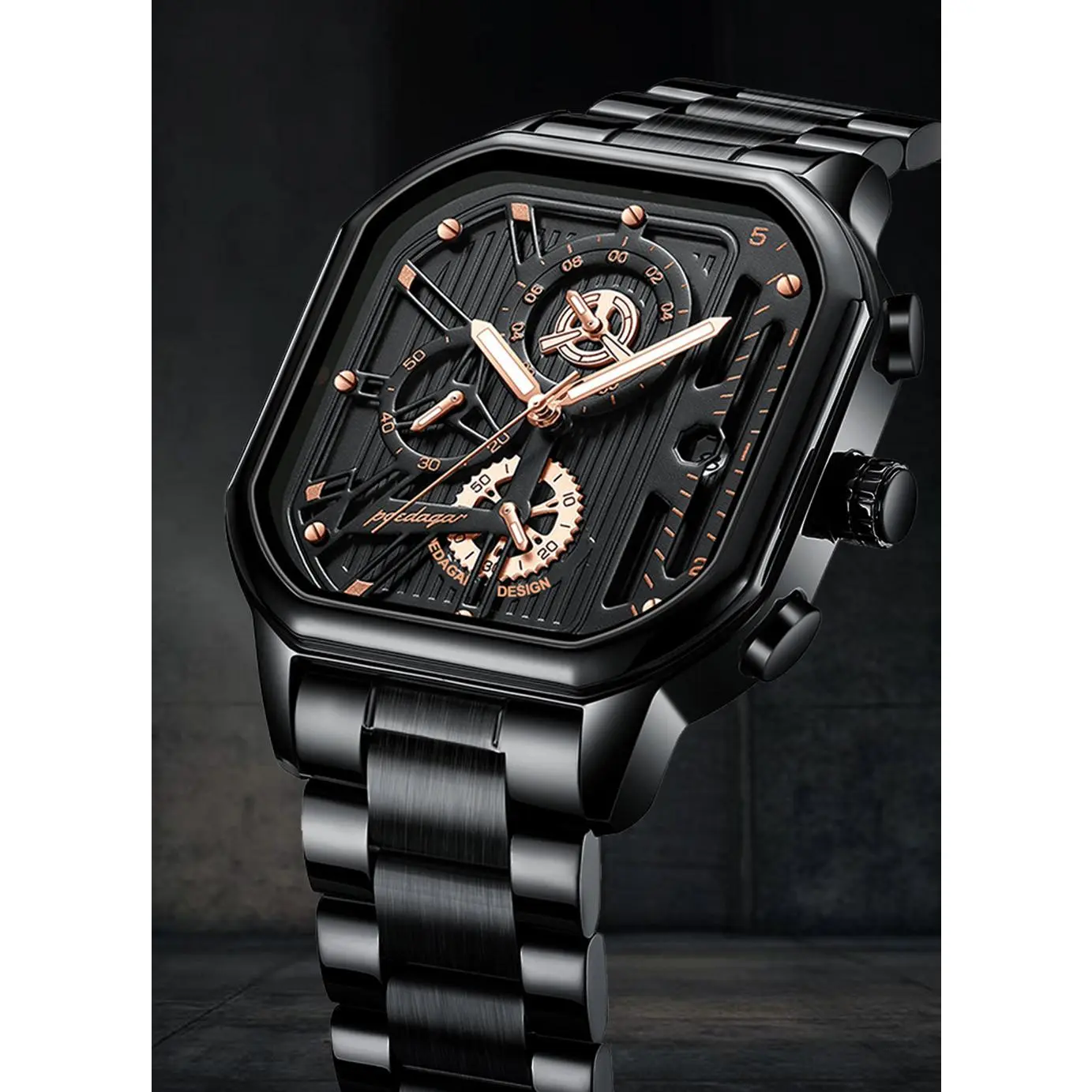 Men's Ultra-Slim Square Alloy Watch, Stainless Steel Band with Butterfly Clasp, Multifunction Chronograph with Subdial Faces, Luminous, 50M Water Resistant, Stopwatch, Tachymeter