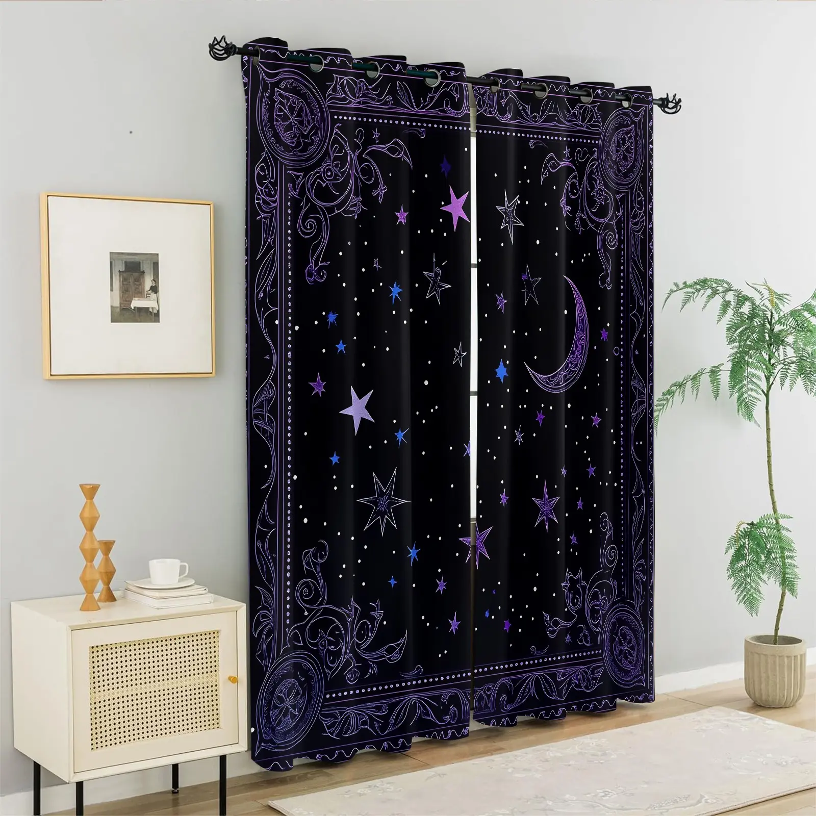 2 Pcs Mystical Celestial Moon & Star Printed Curtains, Darkening Decoration Curtains, Light Blocking Soft Fabric Curtain for Teens Adults Bedroom Living Room Home Indoor Window Curtains Decor