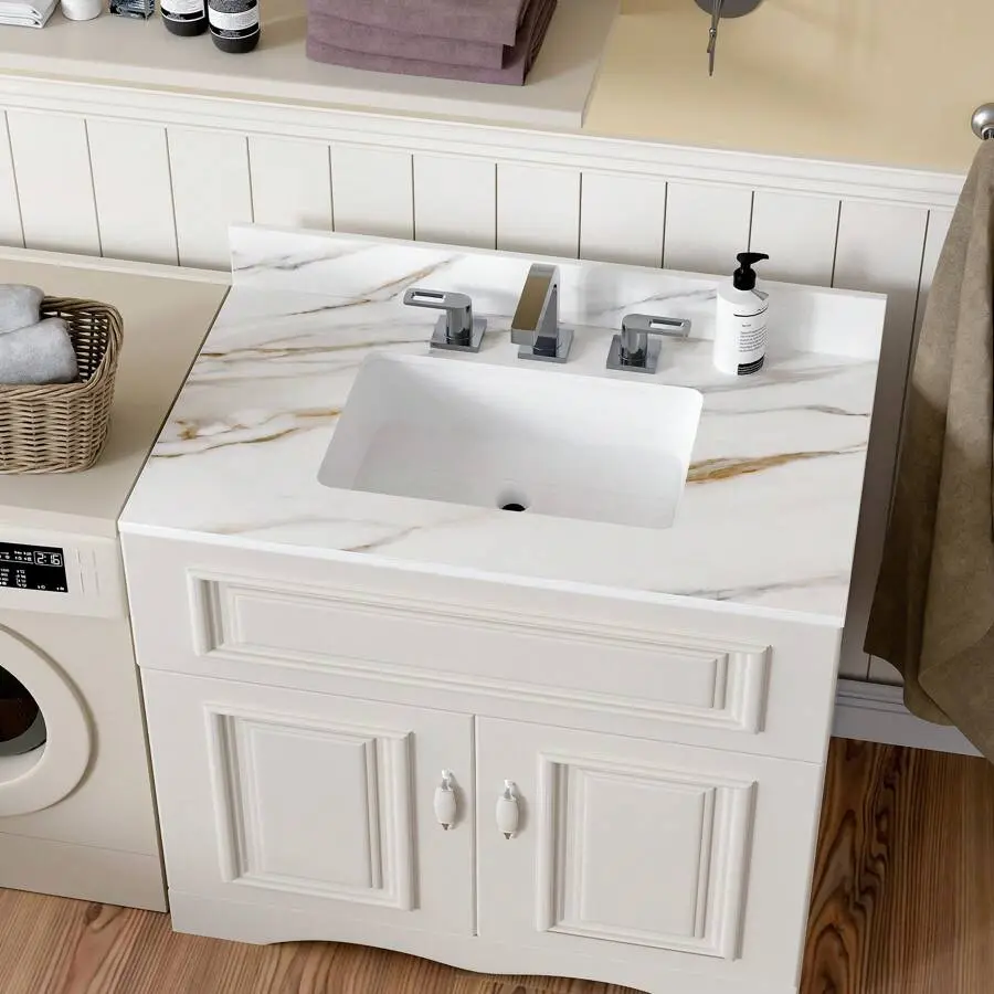 37" Bathroom Vanity Top With Ceramic Undermount Sink & Backsplash,Carrara White Sintered Stone Counter Top, 3 Holes Vanity Sink Top (Cabinet Not Included),chabuildreark,farmhouse,coffee bar cabinet,lockable,storage,,drawer,dresser,,unit,,,w,loa,hall,tree,