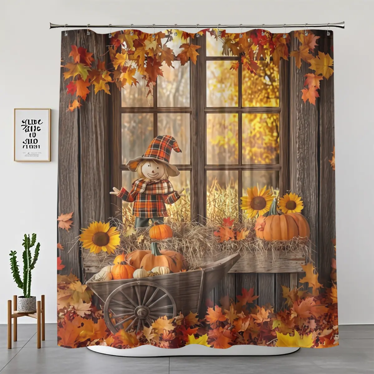 4-Piece Waterproof Autumn Scarecrow Shower Curtain Set, Rustic Fall Farmhouse Decor with Pumpkins, Sunflowers, Wheelbarrow, Cozy Harvest Thanksgiving Bathroom Accent