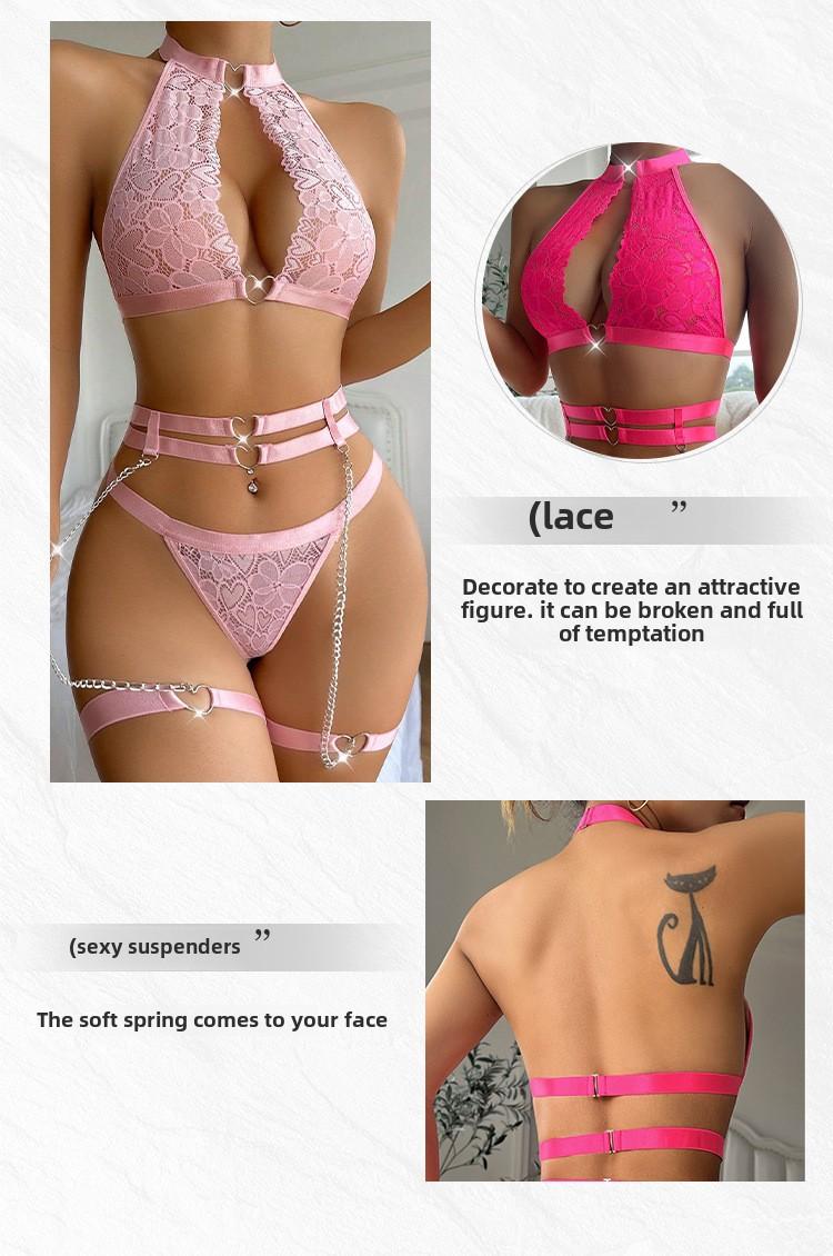 lingerie sets for women sexy [aceLingerie Set, Sexy Pink] 4pcs SexyLace Lingerie Set -Women's KnitFabric Underwear with Garter Belt andThigh Band, Hollow Spaghetti StrapDesign, 95% Polyester 5% Elastane,All-Season Solid Color, 90g/m Womenswear Comfort