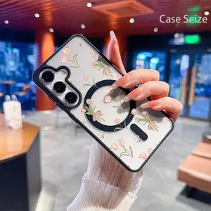 Phone Case: Soft Ribbon Pink Tulip Bouquet Black Border Magnetic Phone Case, Anti-Yellowing, Slim Lightweight & Bare Feel, Luxury Premium Design for Samsung Galaxy S22 S23Fe S24 S25 Plus Ultra, Trendy & Perfect Gift