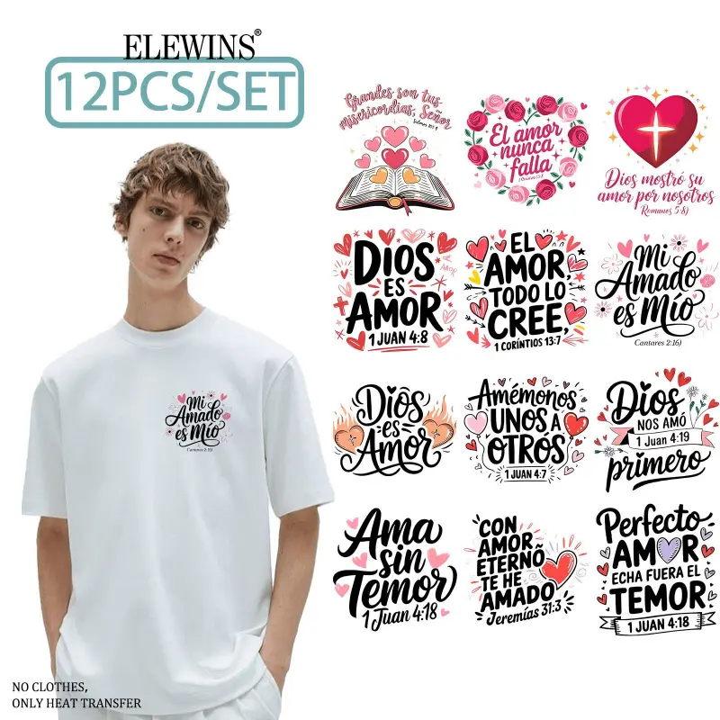 12 Spanish Bible Verse Iron-on Transfers - DIY Heat Transfer Patches, Can be Ironed onto Clothing, Backpacks, Denim Fabric. Fun Home Craft Decorative Stickers, Suitable for Festival Costumes, Cosplay, and Fashion Design.