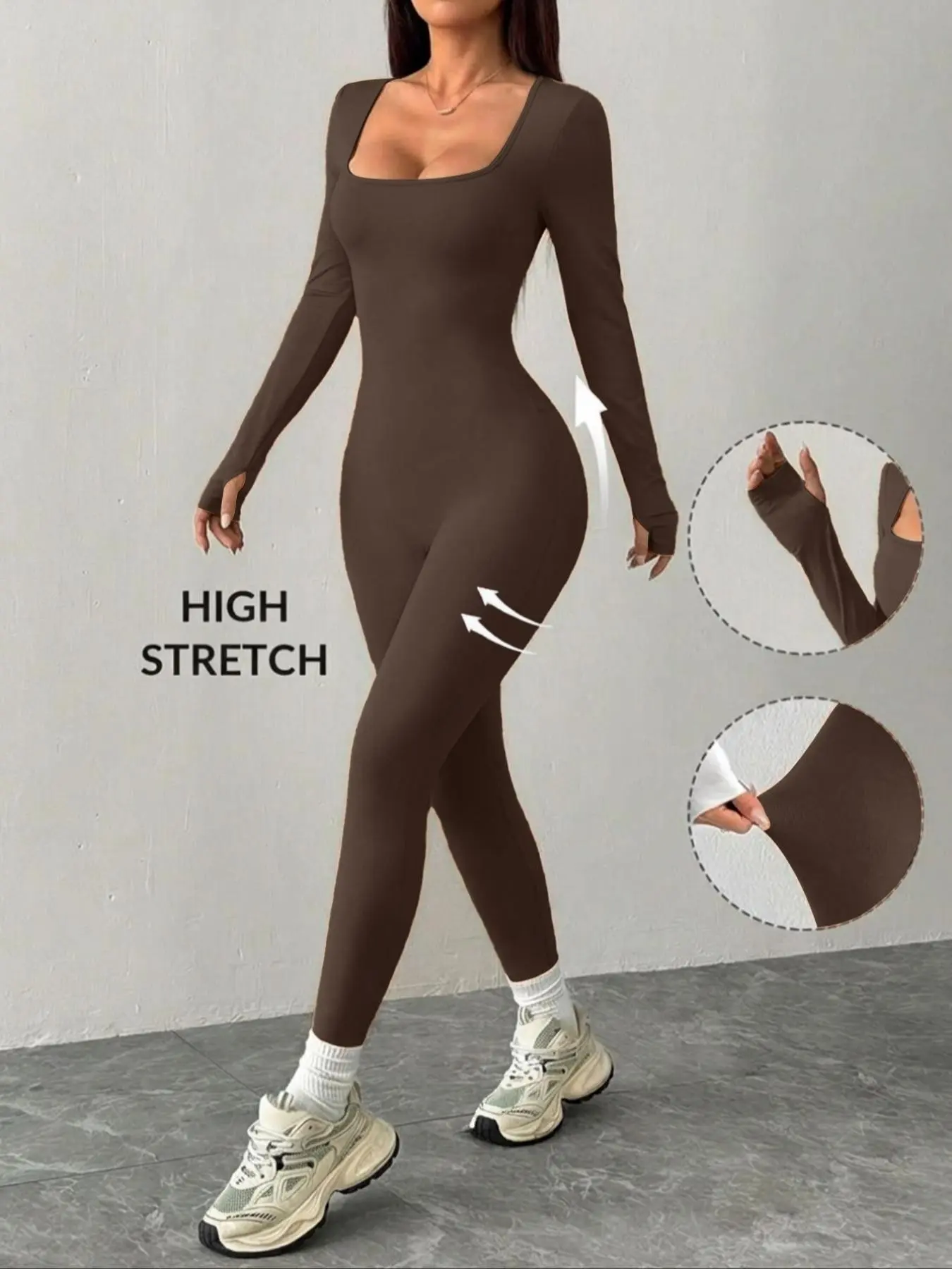 Black ribbed one-piece athletic activewear jumpsuit square neckline with thumb hole cutout design long sleeve slim fit silhouette ultra-stretchy soft knit fabric ideal for gym workouts yoga running dancing and daily casual wear