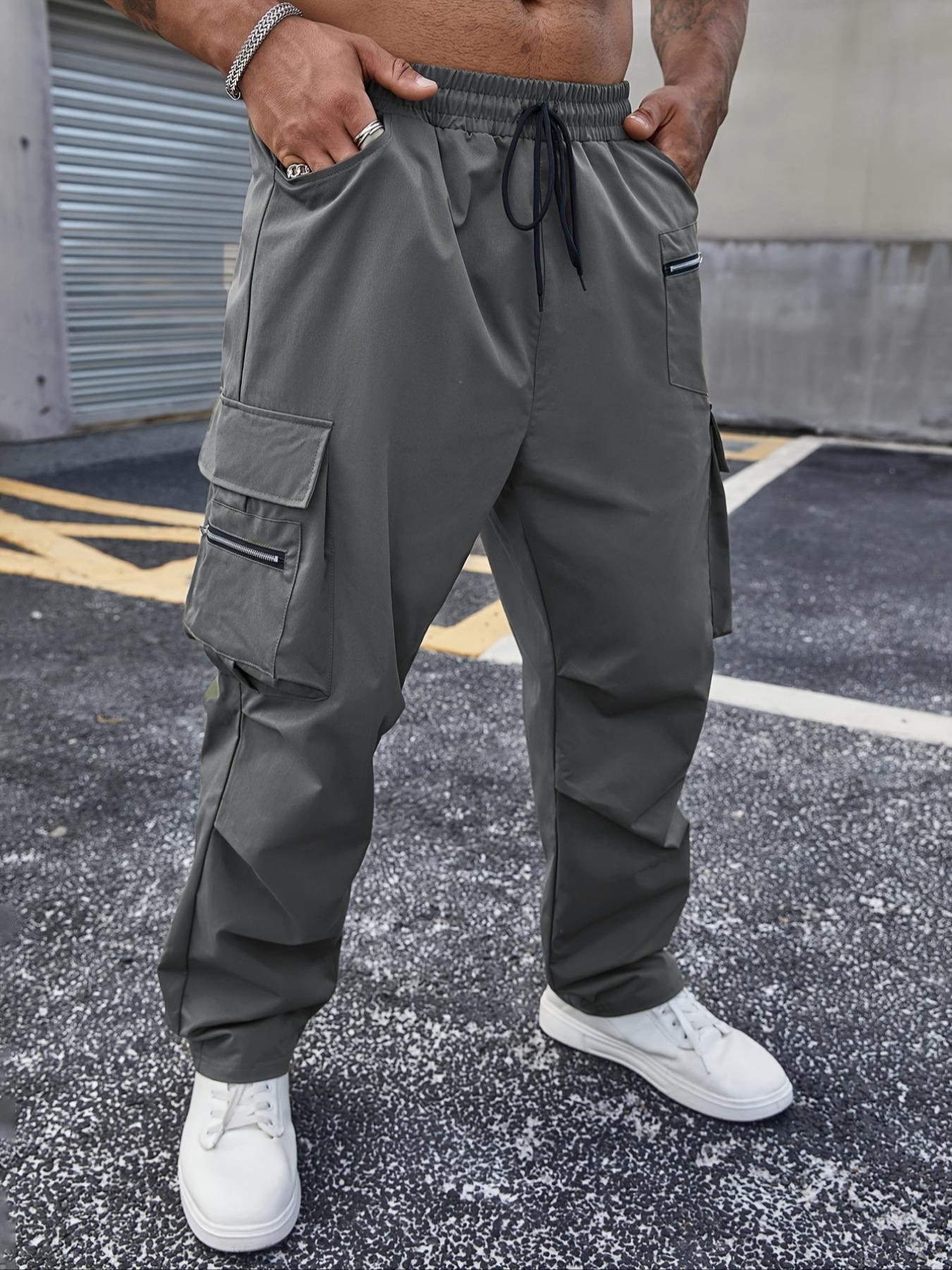 Plus Size Solid Drawstring Waist Cargo Pants, Casual Streetwear for Daily Wear, Men's Dark Gray Trousers for All Seasons