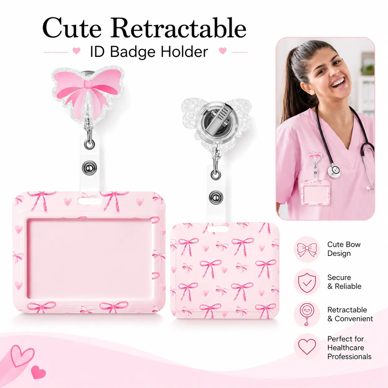 Retractable ID Badge Holder Set - Cute Coquette Pink Bow Medical Badge Reel with Alligator Clip, 24" Extends, Blush Pink Aesthetic, Office/Medical Identification Supplies for Healthcare Pros, Back to School 2026 Nursing Students-YY0