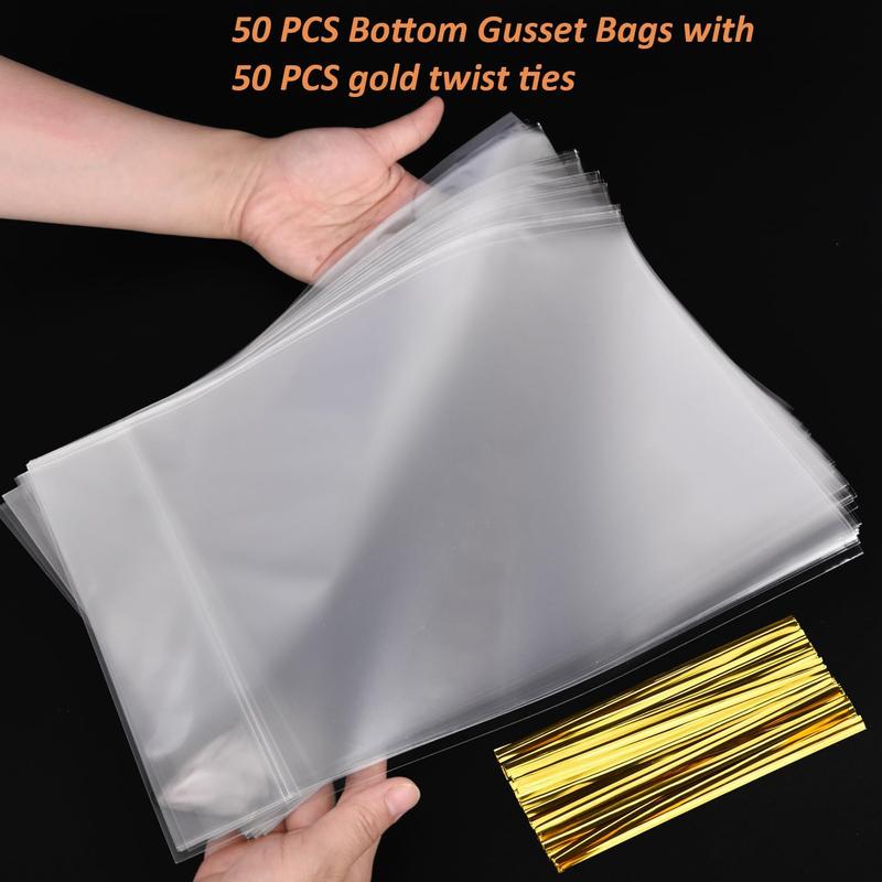 50 count Bottom Gusset Bags 8"x 12" Clear Cello Cellophane  Goodie Bags with  Twist Ties, Party Favor Packaging,  Mug Wrapping