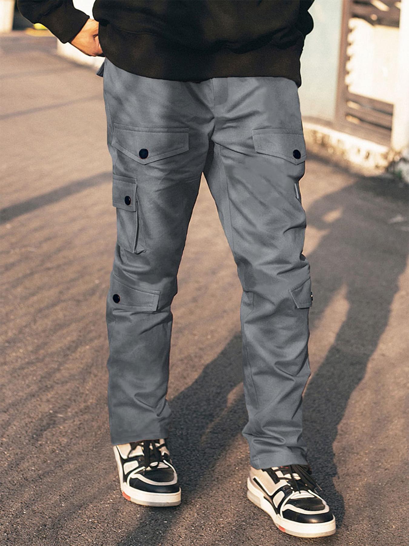 Men's Plain Pocket Drawstring Waist Cargo Pants, Casual Slant Pocket, Sporty Street Trousers, Men Cargo Pants, Men's Bottoms for Daily Wear, Winter Wear