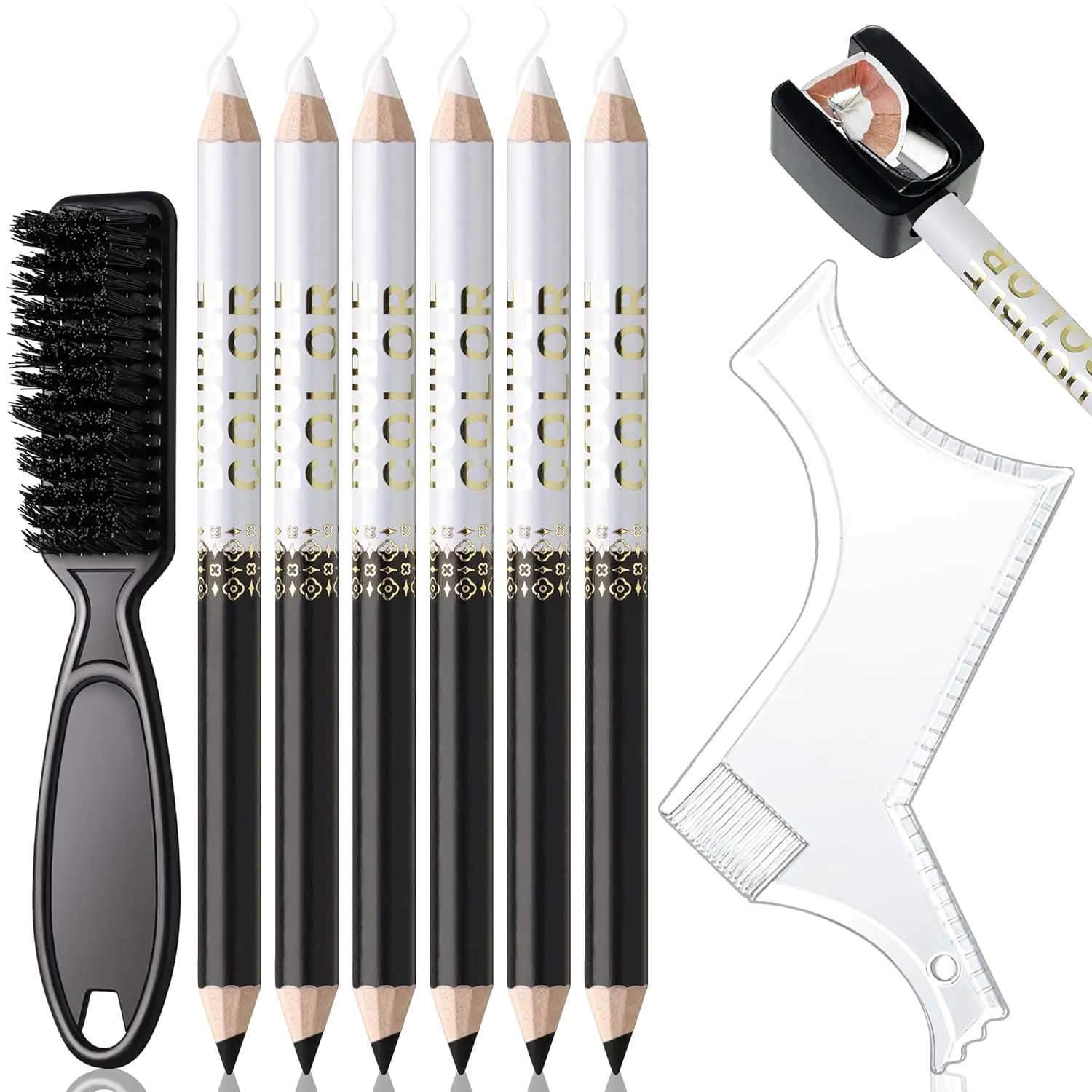 Barber Pencil for Lineup Magic Hairline Enhancement Beard Guide Shaping Pencils for Design Razor Trace Black White Barber Chalk Pencils Set with Sharpener Ruler Brush for Men