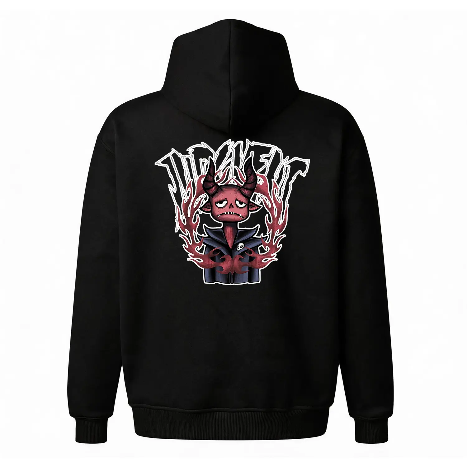 Grumpy Devil Graphic Hoodie |   Dark Cute Cartoon Back Print Sweatshirt |   Edgy Y2K Streetwear Pullover |   Oversized Unisex Fleece Top |   Flame & Skull Aesthetic Hoodie for Men & Women