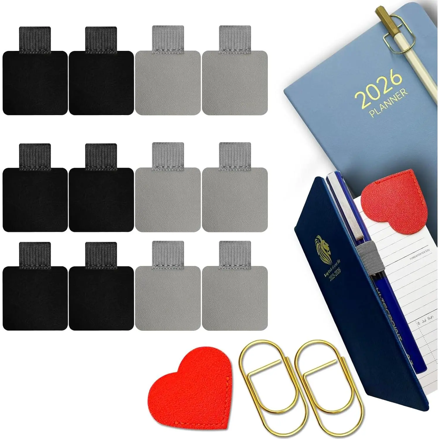 Pen Loop Holder for Notebook 12 Pack Self-Adhesive Stick  Black And Grey | Pen Loop with 2 Pens Clips 1 Leather Bookmarks, for Planner Journal Tablet Clipboards Calendars  Campus School Office