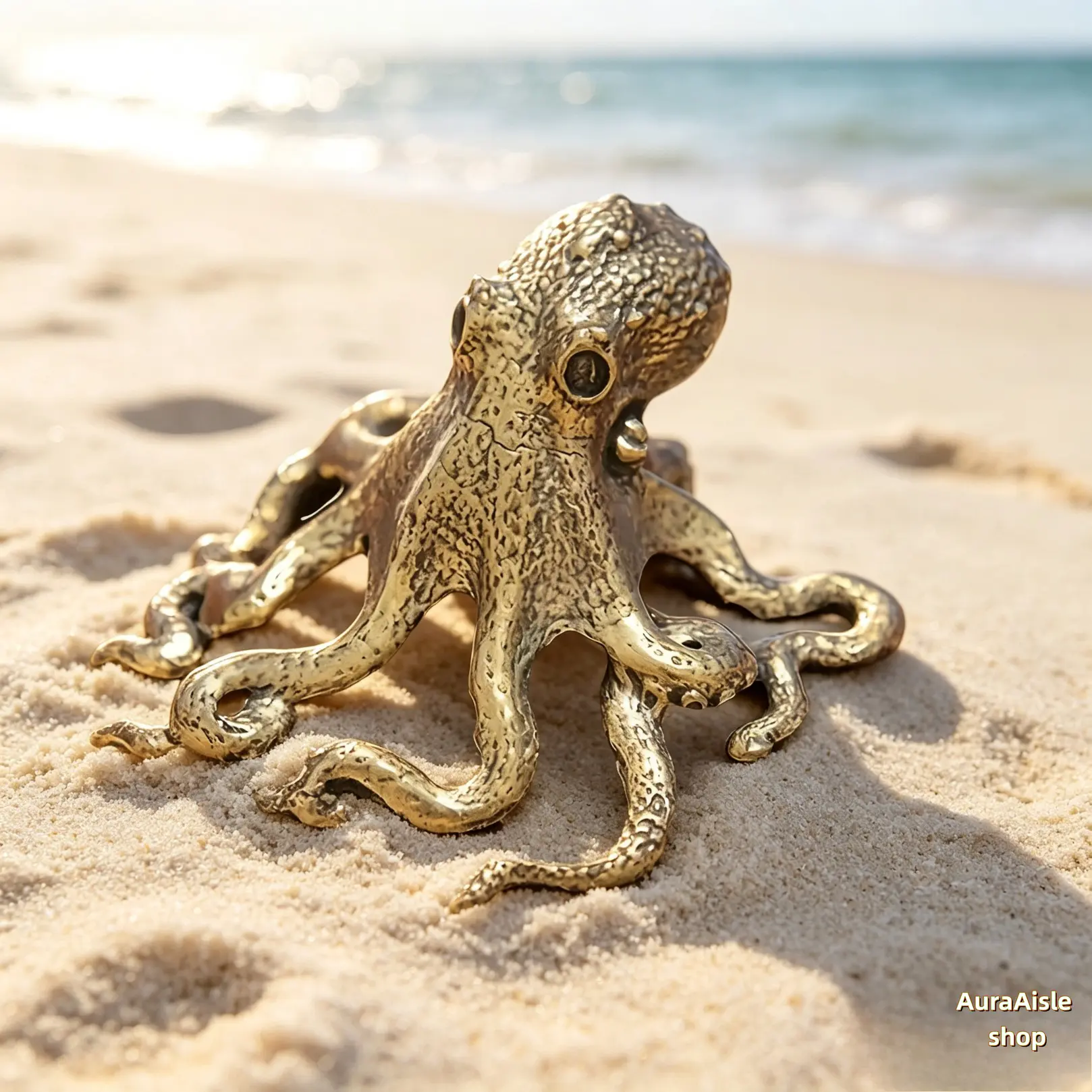 Antique Solid Brass Octopus Sculpture Ornament, Hand Carved Ocean Animal Figurine, Vintage Aesthetic Desktop Accent Decor For Office Workspace, Living Room Shelf & Nautical Themed Indoor Space, Collectible Craft Tabletop Decor Gift