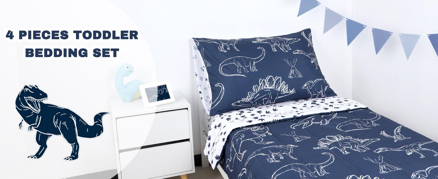 4 Pieces Dinosaur Toddler Bedding Set for Boys, Soft Breathable Toddler Comforter Set, Dino Print Navy, Includes Reversible Comforter, White Fitted Sheet and Flat Sheet, Pillowcase