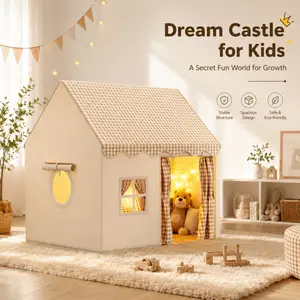Oversized Kids Indoor Play Tent, Breathable Eco-Friendly Fabric with Roll-Up Curtain & View Window, Sturdy Frame Secret Castle Tent for Bedroom Playing & Home Decoration