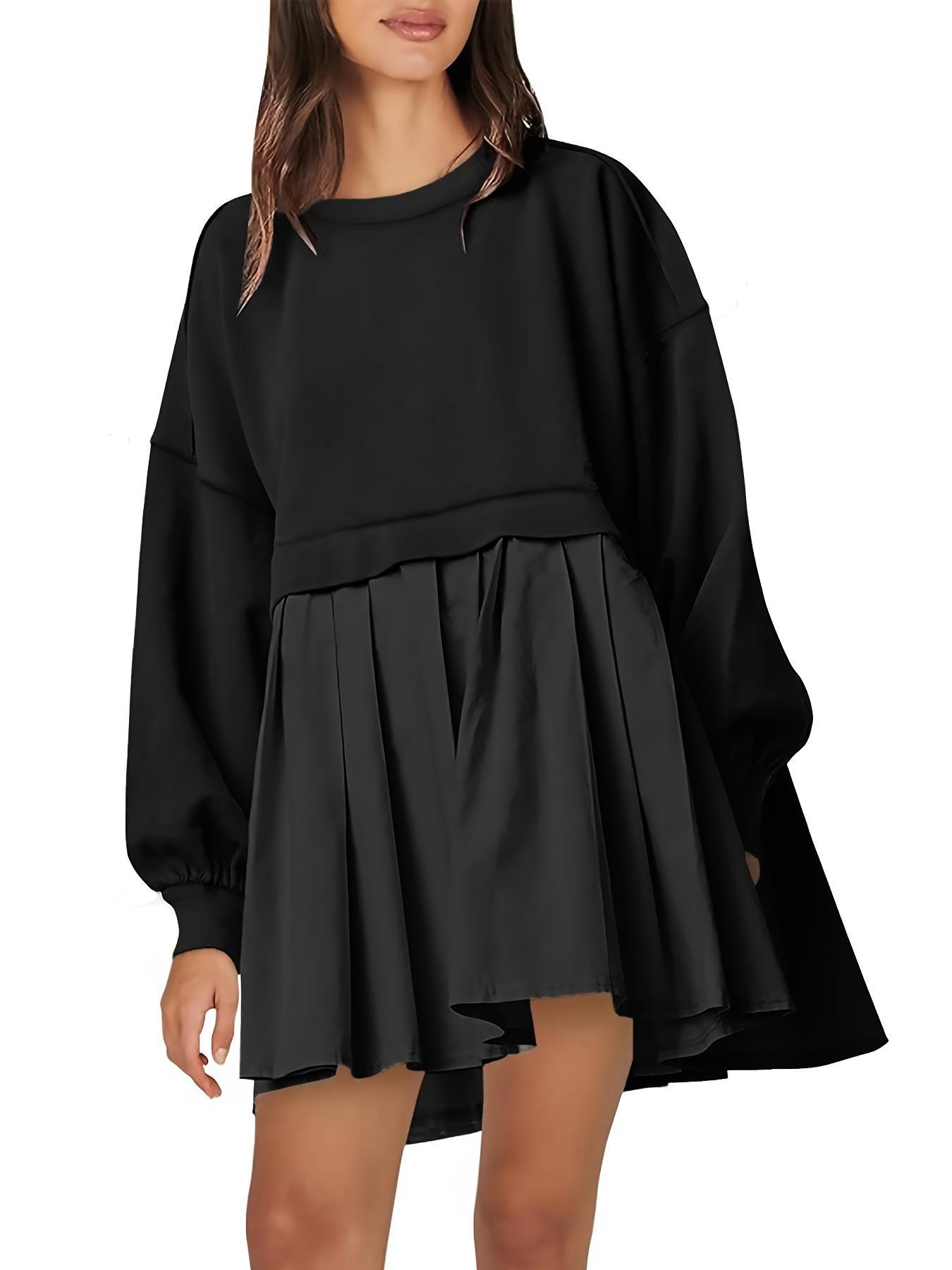 【Plus Size】 Solid Color 2 in 1 Smock Dress, Casual Basic Drop Shoulder Long Sleeve Fitted Short Dress for Fall & Winter, Women's Clothes for Daily Wear, Womenswear