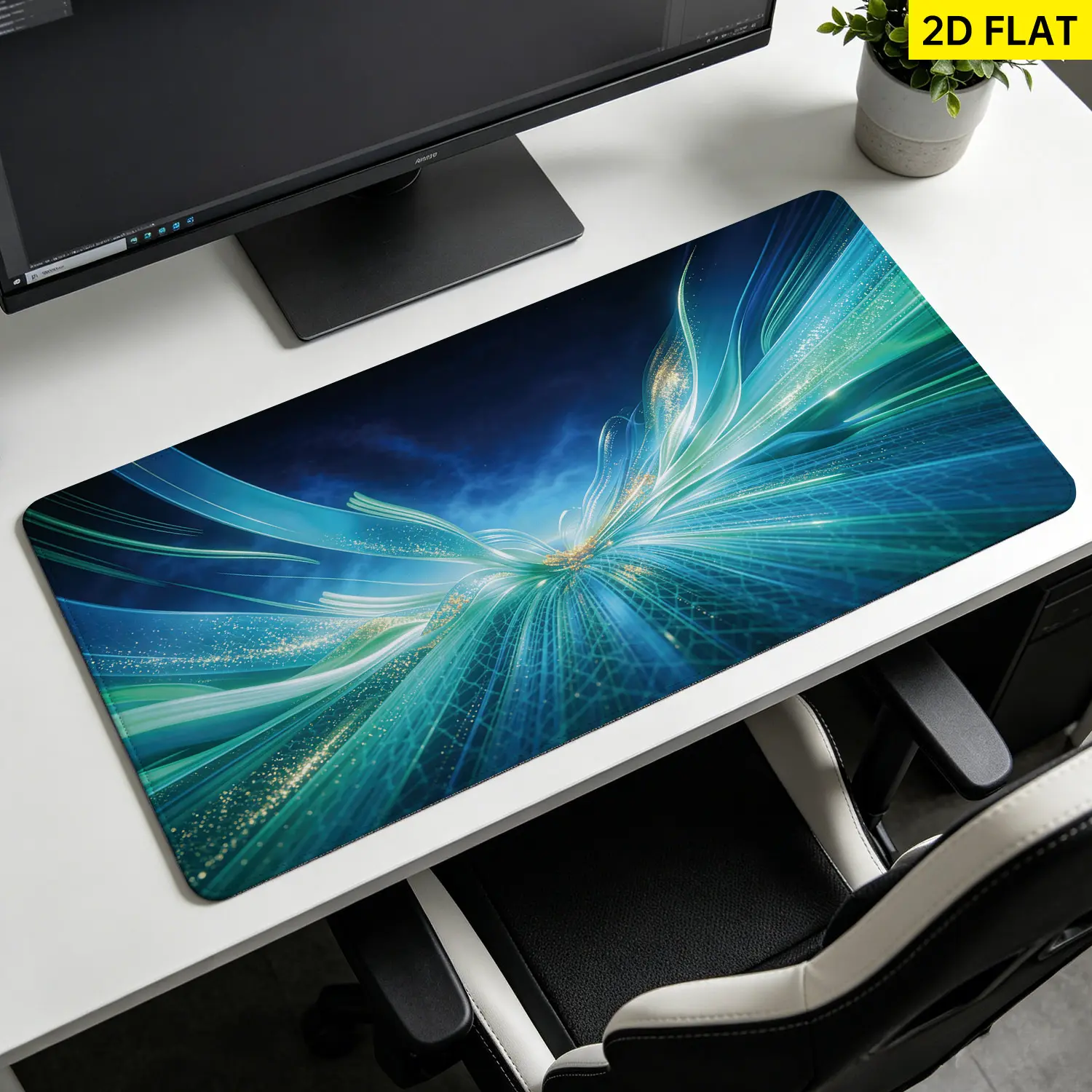 Extra Large Glowing Wave Print Mouse Pad - Turquoise Light Waves, 3D Banana Design, Non-Slip Rubber Base, Washable, Lock Edge, Multi Sizes, Desktop Protection, Premium for Gamers/Work, Office Users, Home/Office Gift