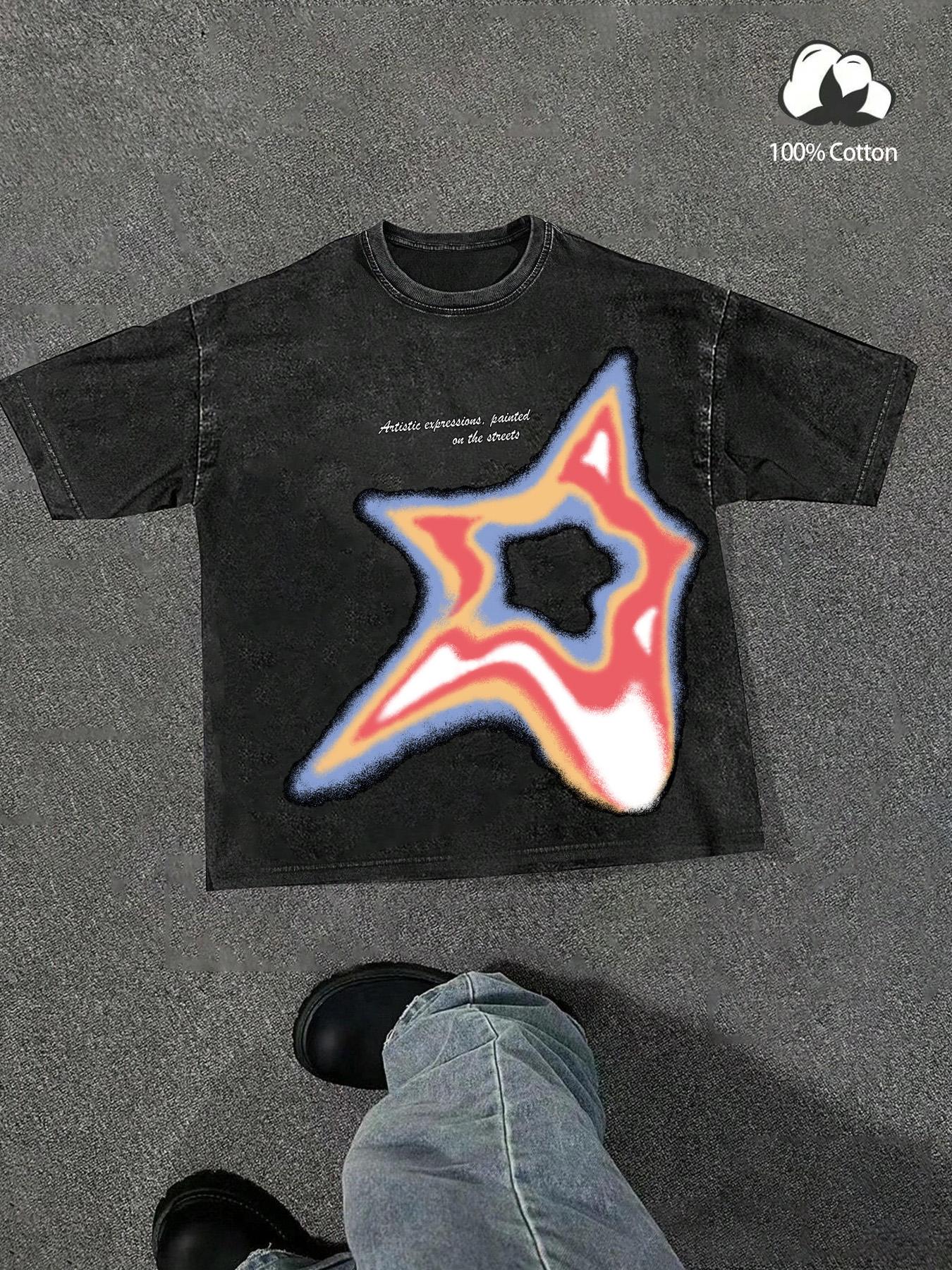 Men's Star Print Round Neck Tee, Regular Fit Casual Street Short Sleeve T-shirt for Summer, Men's Top for Daily Wear, Streetwear