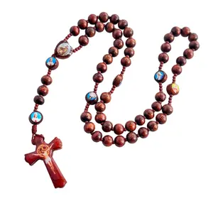 5 Pcs Wooden Rosary Jesus Cross, Catholic Prayer Beads with Colorful Saint Medals, Religious Gift for Baptism Confirmation, Daily Devotion & Church Use