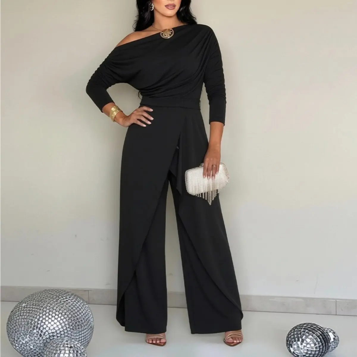 Women's Timeless Elegant Fold-Draped Wrap Ruched Black Off-The-Shoulder High-Waist Loose Wide-Leg Jumpsuit - Minimalist All-Seasons Special Occasion Formal Women's Clothes