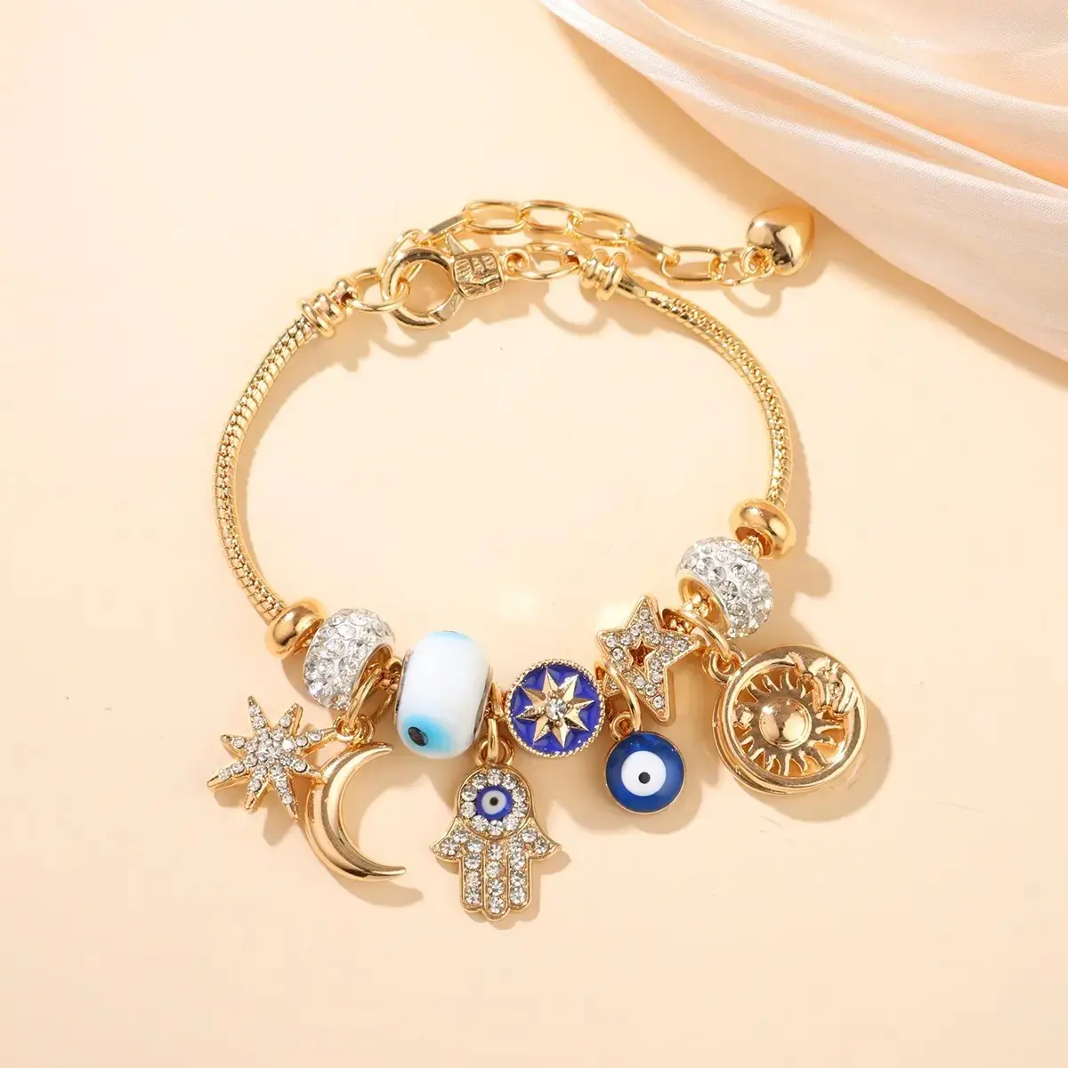 Women's Whimsical Adjustable Oxford Cloth-Polyester Sun Moon Bracelet - DIY Multi-Charm Stackable Female Wrist Jewelry for Daily Wear, Gifting