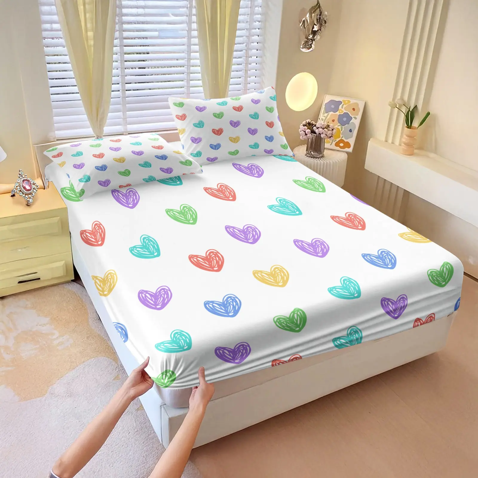 3PCS White Base Colorful Line Sketch Heart Fitted Sheet Set (1 Fitted Sheet + 2 Pillowcases, No Pillows Included),Soft Breathable Fabric,Home HD Digital Printing,Kawaii Girly All Season Bedding,Sweet Girly Summer Vibes