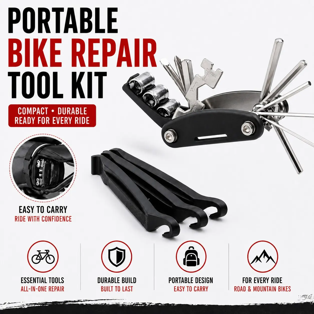16 in 1 Bike Repair Tool Kit, Portable Bicycle Multi Tool, Tire Levers, Hex Wrench, Spoke Tool, Emergency Cycling Repair Set