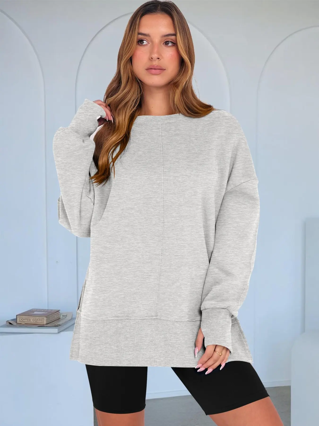 Women's American Vintage Patchwork Sweatshirt, Loose Fit, Split Hem, Daily Commute, Pure Color, Long Sleeve, Casual, Comfortable, Everyday