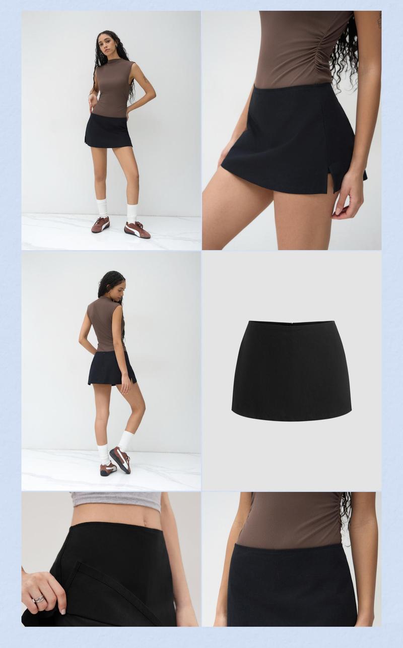 Cider Low Rise Split Mini Skort For Daily Casual Wear, Fitted Bodycon Skirt with Built-in Shorts