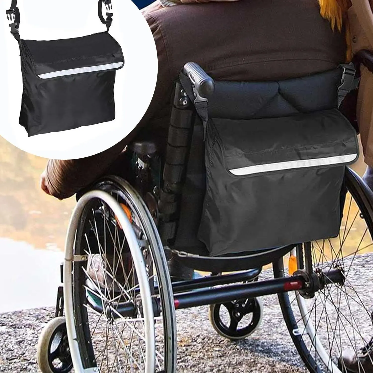 Wheelchair Rear Storage Bag, Waterproof, Reflective Stripes, Pockets, Compatible with Wheelchairs, Rollators, Mobility Scooters