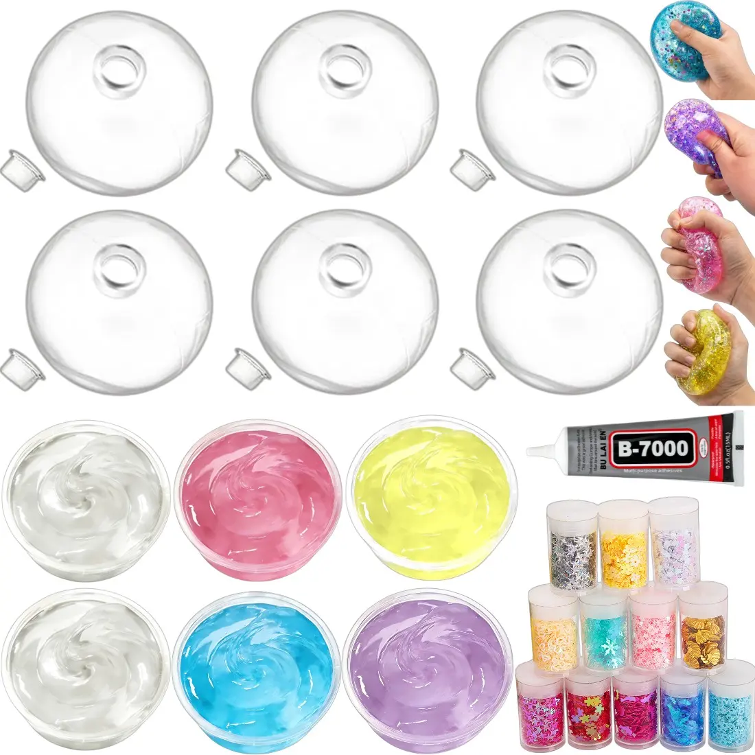 Squishy Ball Kit Making Set, Includes 6 Slime Boxes, 12 Color Glitter, 6 Blank Spheres, 15ML Glue, Expansion Tool, Stress Relief for Adults