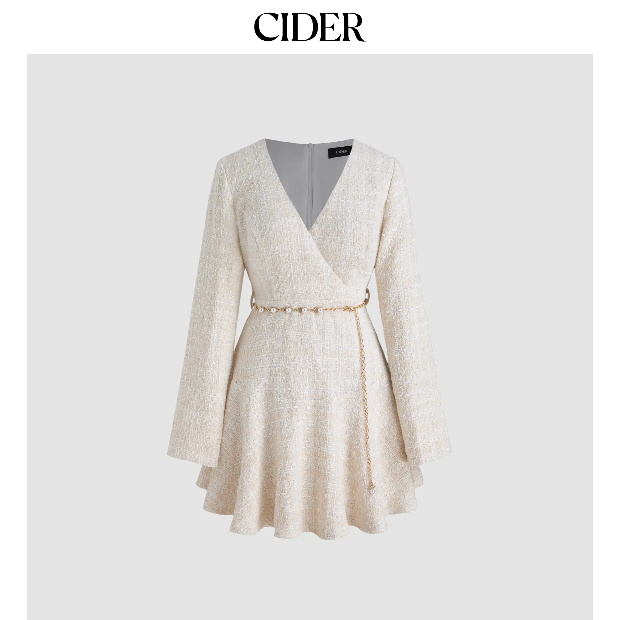 Cider [2 colors, size 0-26] Tweed V-neck Solid Faux Pearl Mini Dress SohoChic