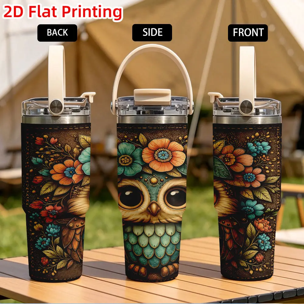 1pc 30OZ Cup with Owl and Floral Pattern for Outdoor Camping and Sports, Portable Large-capacity Water Cup and Coffee Cup with 2D Pattern Design, Steel Water Bottle, Reusable, Suitable for Hand Washing, Ideal Gift for Adults for All Occasions.