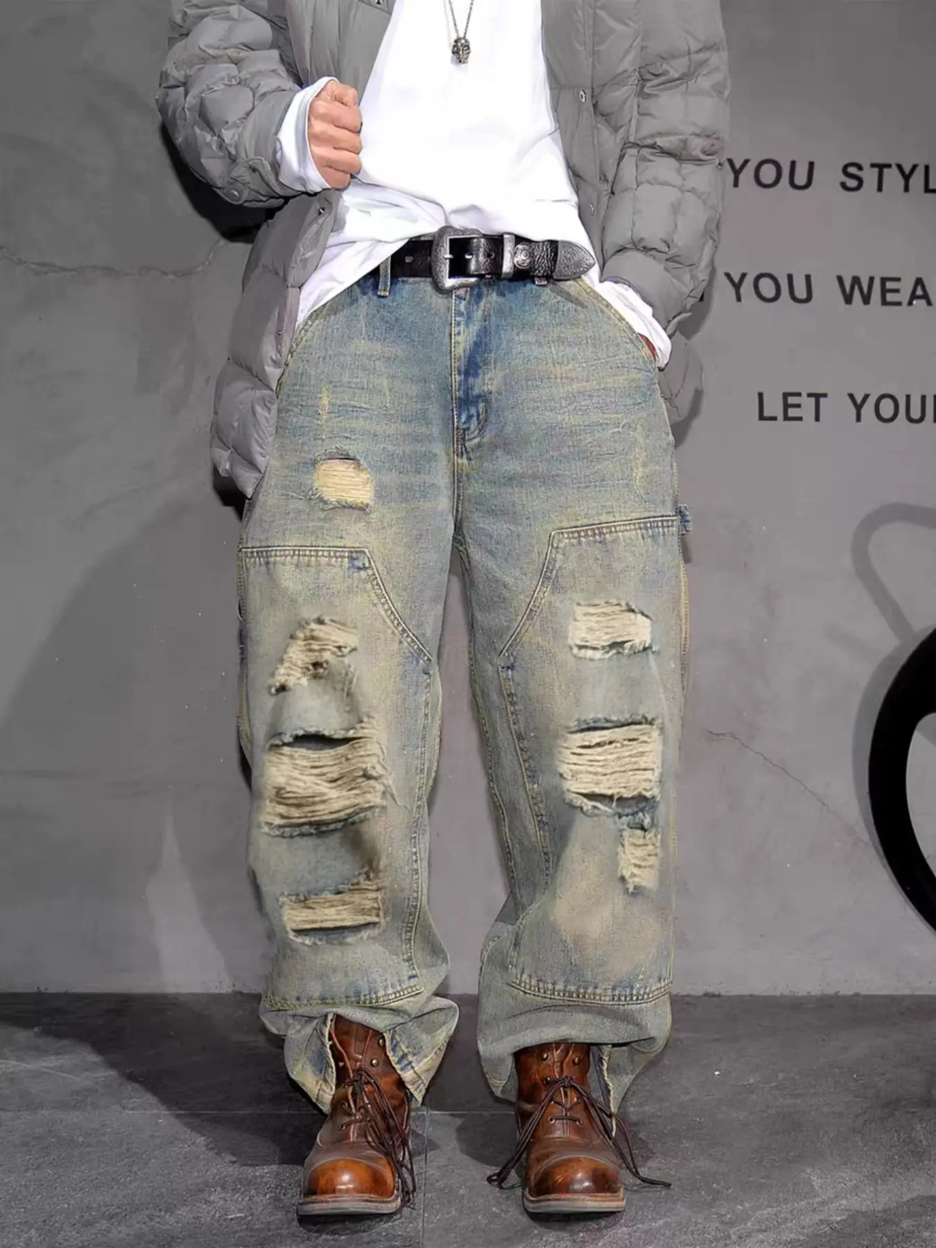 Men's Loose Fit Ripped Jeans, Vintage Washed High-Waisted Straight Leg Pants, Casual Streetwear Fashion, All Seasons, High Quality Jeans